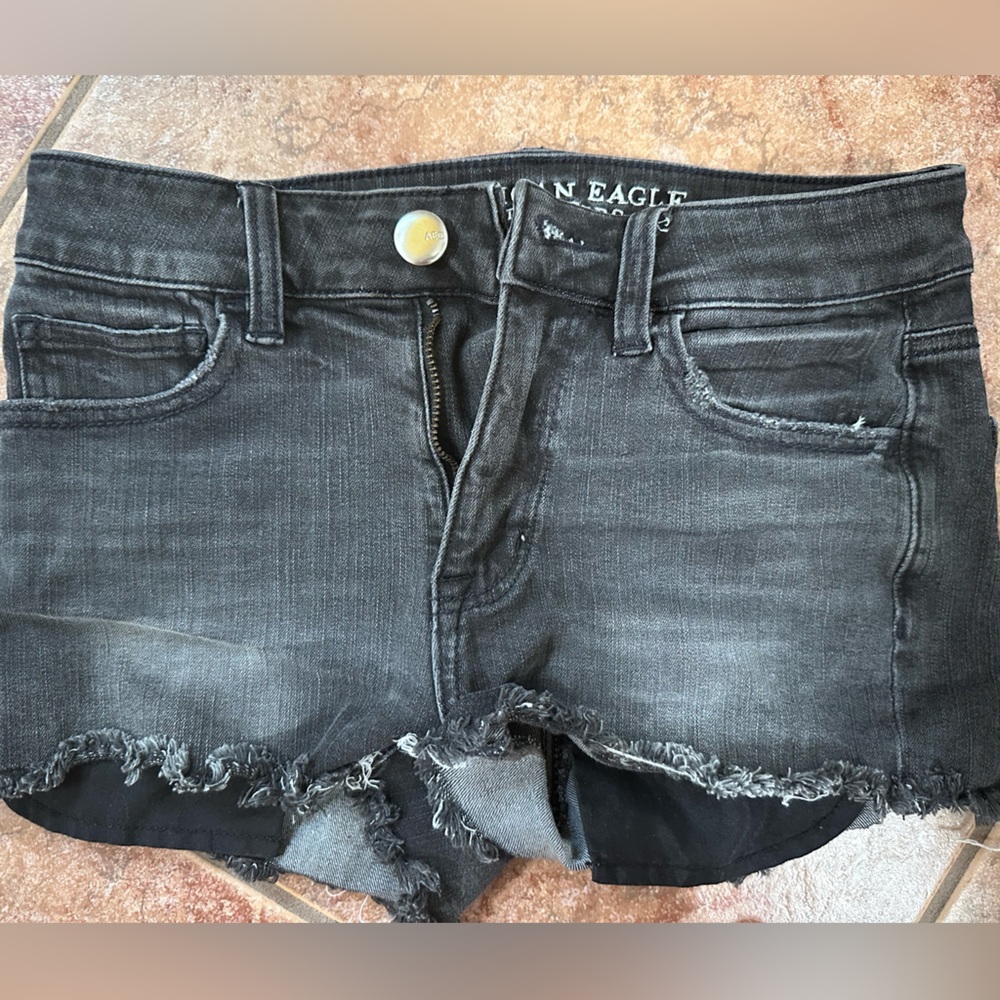 American Eagle Outfitters Distressed Black Denim Hi-Rise Shortie Shorts